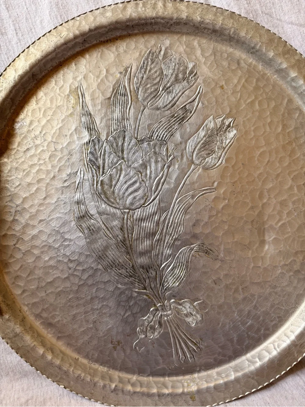 Rodney Kent Hand-Wrought Aluminum Floral Round Tray with Handles